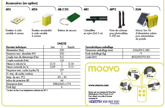 Automatisme portail COULISSANT MOOVO LN432KM NEUF Garantie 3 ans